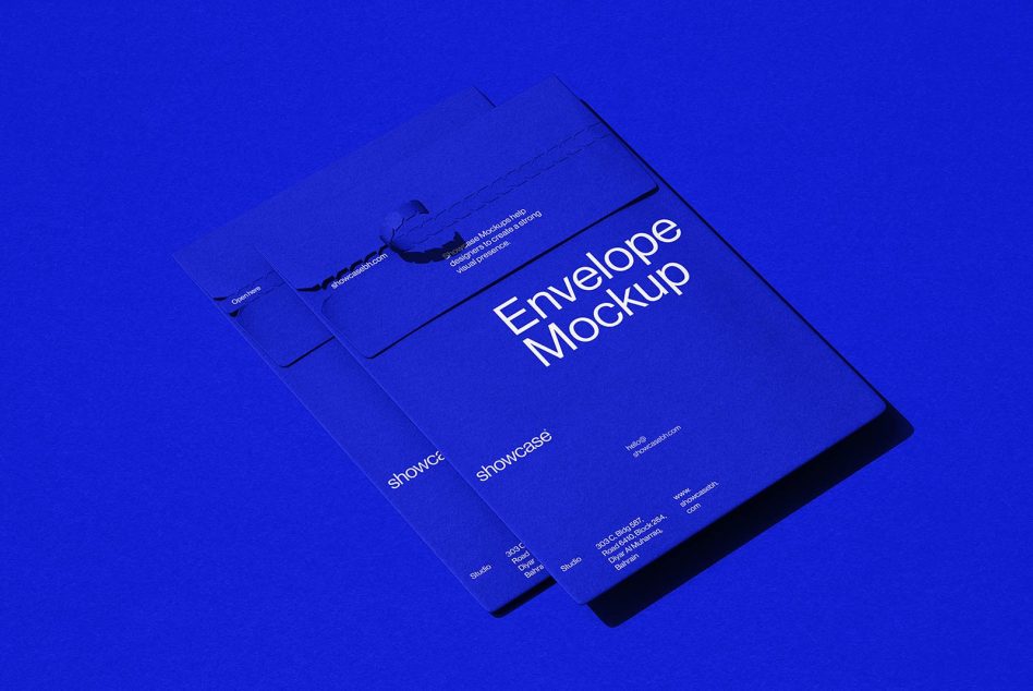 Blue envelope mockup on blue background, showcasing branding design, elegant presentation template for designers, stationery mockup.